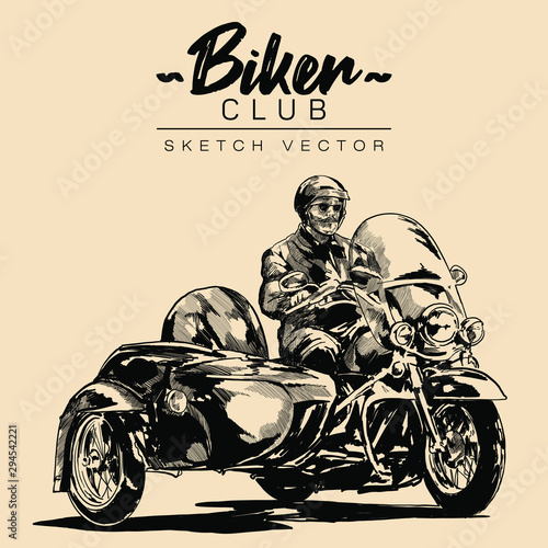 Biker on a motorcycle. Hand drawn sketch vector illustration