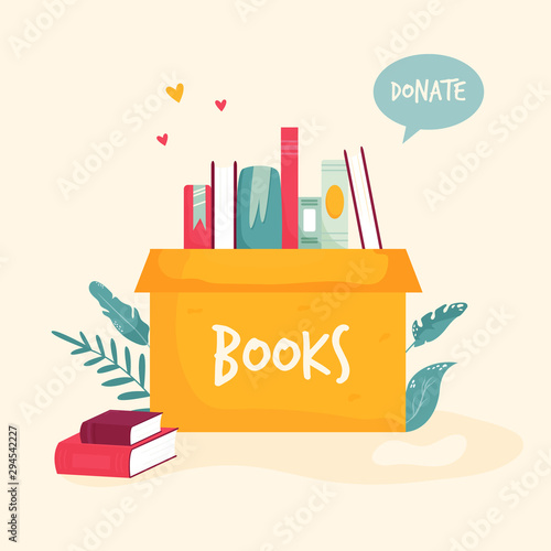 Cardboard box with books for donations, charity