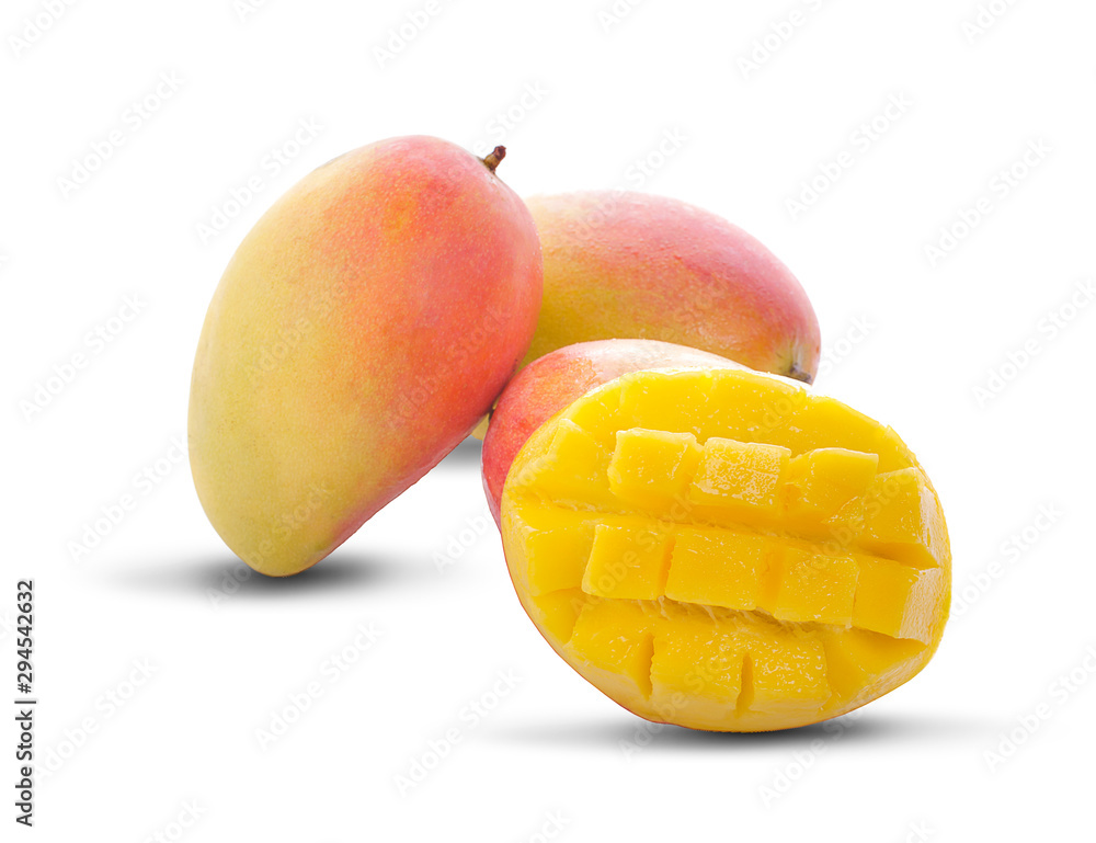 Mango cubes and slices Isolated over white background Mango cubes and slices Isolated over white background