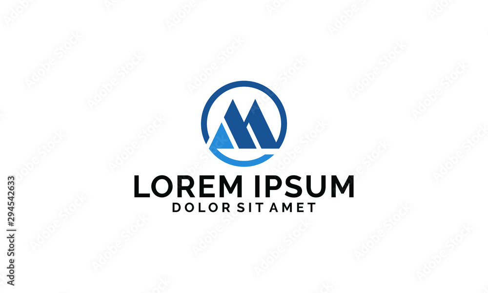 Initial letter M logo template with circle abstract mountain symbol in flat design monogram illustration Initial letter M logo template with circle abstract mountain symbol in flat design monogram illustration