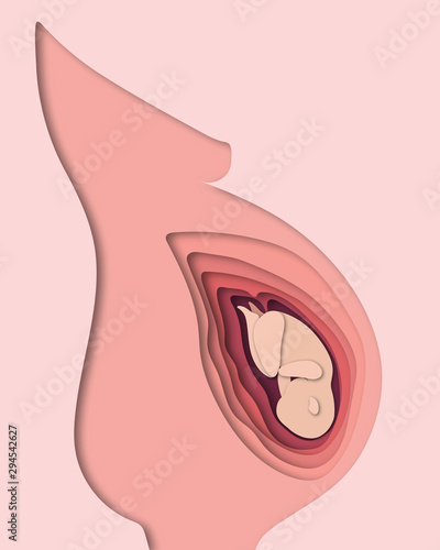 Mother's day paper cut out illustration of pregnant woman silhouette. vector. Poster template