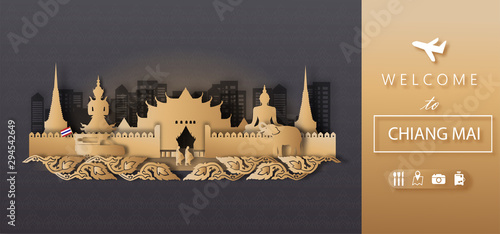 Chiang Mai Thailand Travel postcard panorama, poster, tour advertising of world famous landmarks of Thailand in paper cut style.