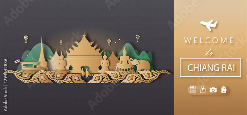 Chiang Rai Thailand Travel postcard panorama, poster, tour advertising of world famous landmarks of Thailand in paper cut style.