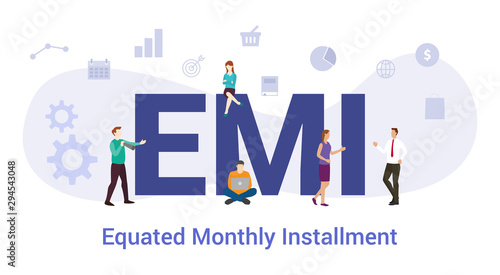 emi equated monthly installment concept with big word or text and team people with modern flat style - vector