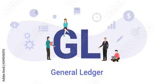 gl general ledger concept with big word or text and team people with modern flat style - vector