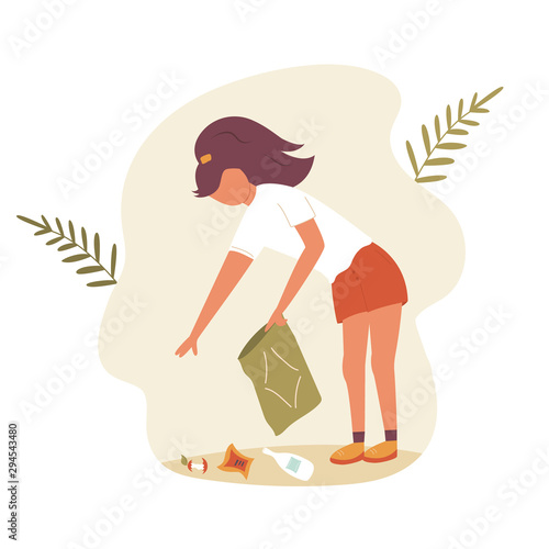 Young girl doing plogging and picking up litter.