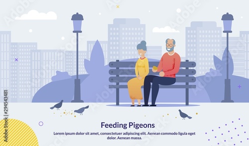 Cartoon Old Senior Couple Feeding Pigeons Poster