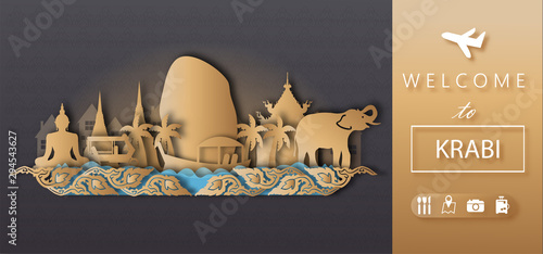 Krabi Thailand Travel postcard panorama, poster, tour advertising of world famous landmarks of Thailand 