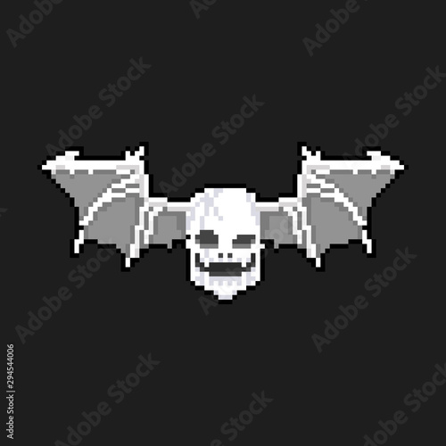 Pixel art cartoon skull head with bat wings icon.