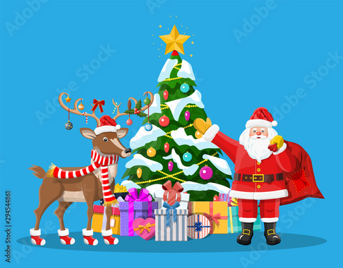 Santa claus with bag full of gifts and his reindeer. Happy new year decoration. Merry christmas holiday. Decorated fir tree with gift boxes. New year and xmas celebration. Flat vector illustration