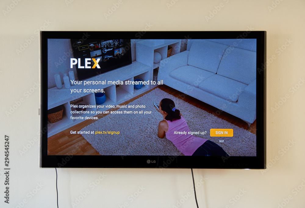Plex app and logo on LG TV screen. Stock Photo | Adobe Stock