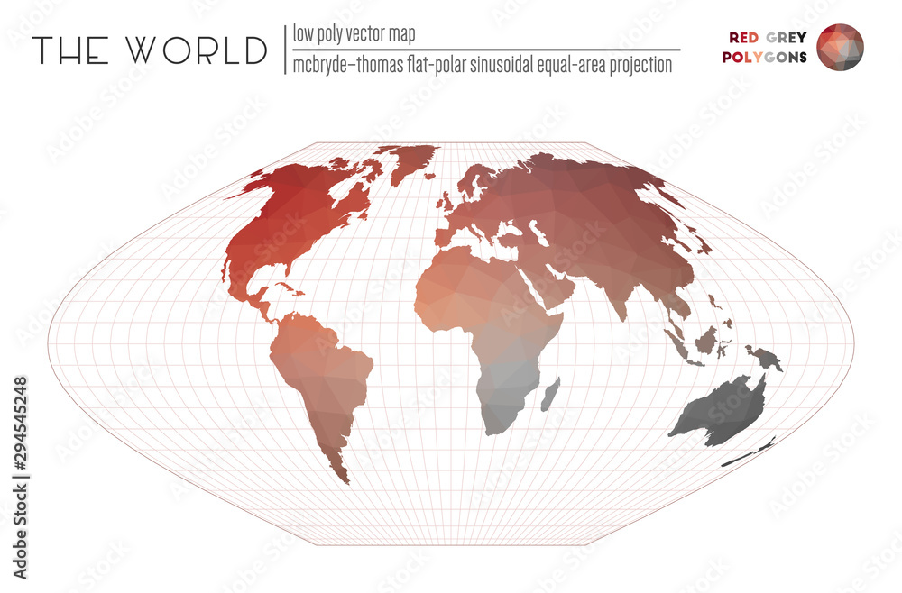 World map in polygonal style. McBryde-Thomas flat-polar sinusoidal equal-area projection of the world. Red and grey colored polygons. Modern vector illustration. World map in polygonal style. McBryde-Thomas flat-polar sinusoidal equal-area projection of the world. Red and grey colored polygons. Modern vector illustration.