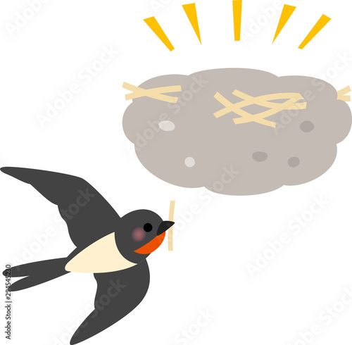 ツバメの巣と藁を運ぶツバメ