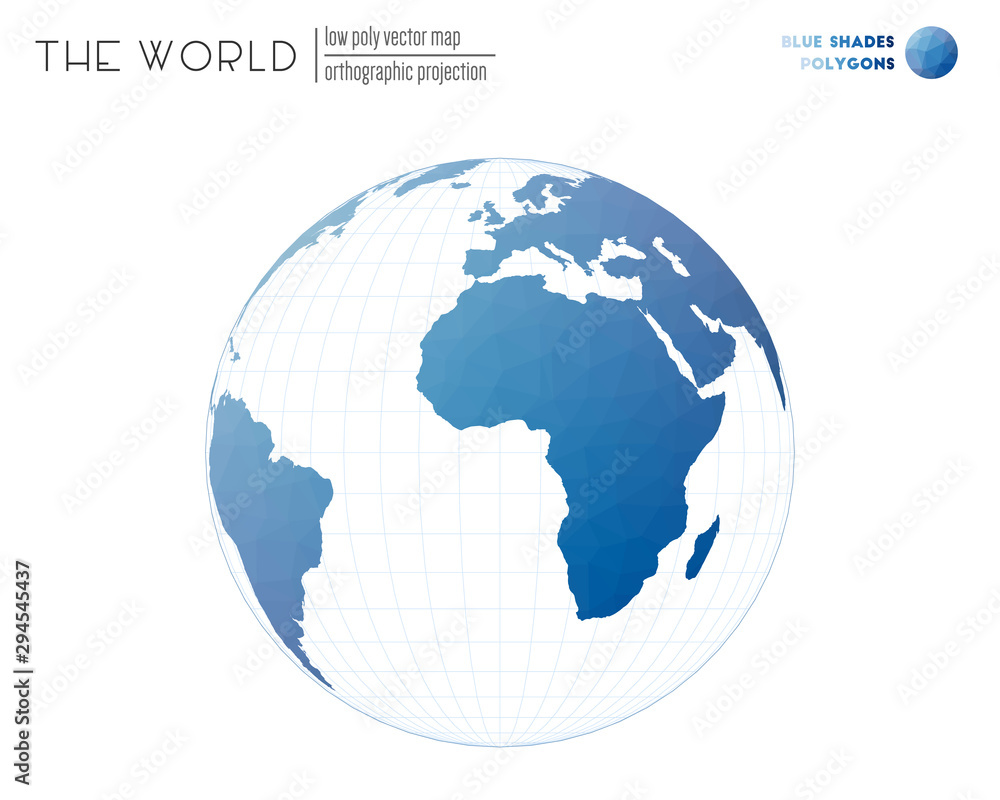 Triangular mesh of the world. Orthographic projection of the world. Blue shades colored polygons. Modern vector illustration. Triangular mesh of the world. Orthographic projection of the world. Blue shades colored polygons. Modern vector illustration.