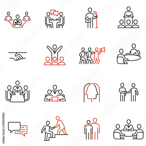 Vector set of linear icons related to engagement  discussion  persuasiveness. Mono line pictograms and infographics design elements