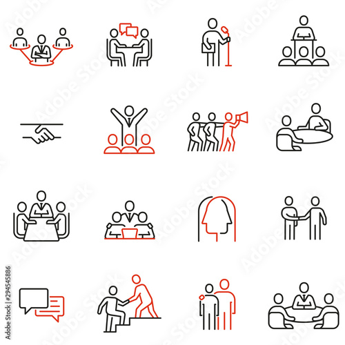 Vector set of linear icons related to engagement, discussion, persuasiveness. Mono line pictograms and infographics design elements