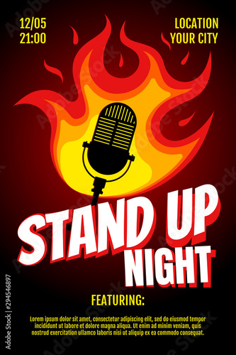 Stand up comedy night live show A3 A4 poster design template. Retro standup microphone with fire on black gradient background. Hot jokes roast concept flyer. Vector open mic stage illustration
