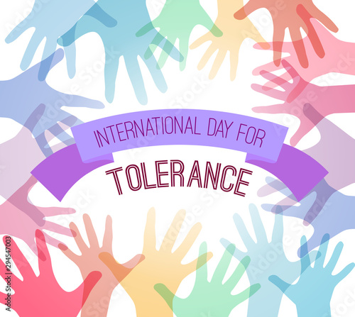 International Day of Tolerance. Rainbow hands up with a greeting ribbon . Commonwealth and unity. Childhood and joy. Vector square card for your creativity.