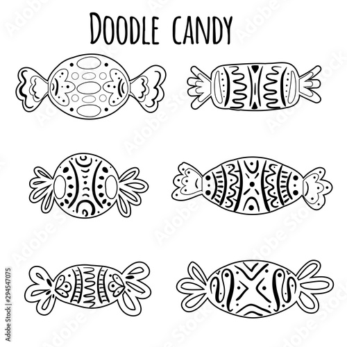 Set of contour drawing of sweets with patterns. Linear doodle illustration. Halloween holiday treat. Vector object for recipes, cards, articles and your creativity. © veleri_kz
