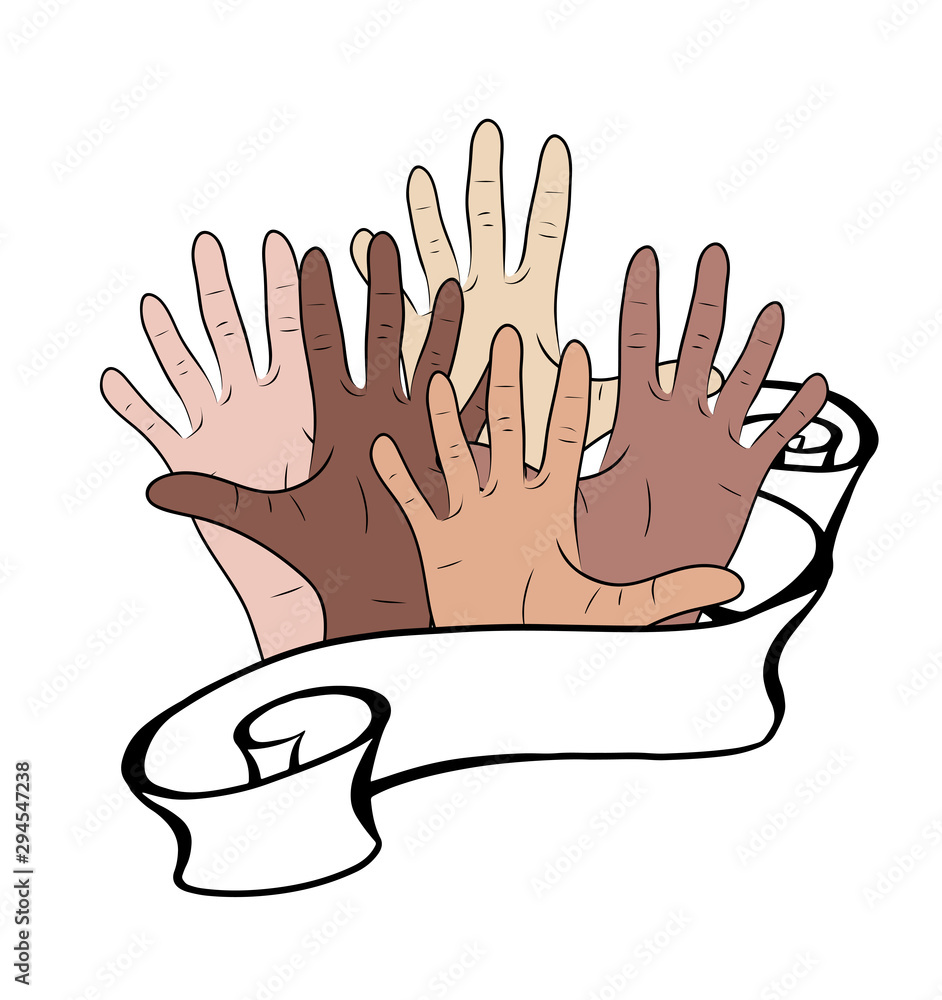 Obraz premium The unity of peoples. Hands of people of different nationalities with a ribbon. Day of tolerance and self-acceptance. The object is separate from the background. Vector object for greeting cards, invi
