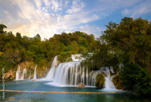 Krka National Park-panorama of the waterfall against the beautiful evening sky Skradinski Buk Waterfall