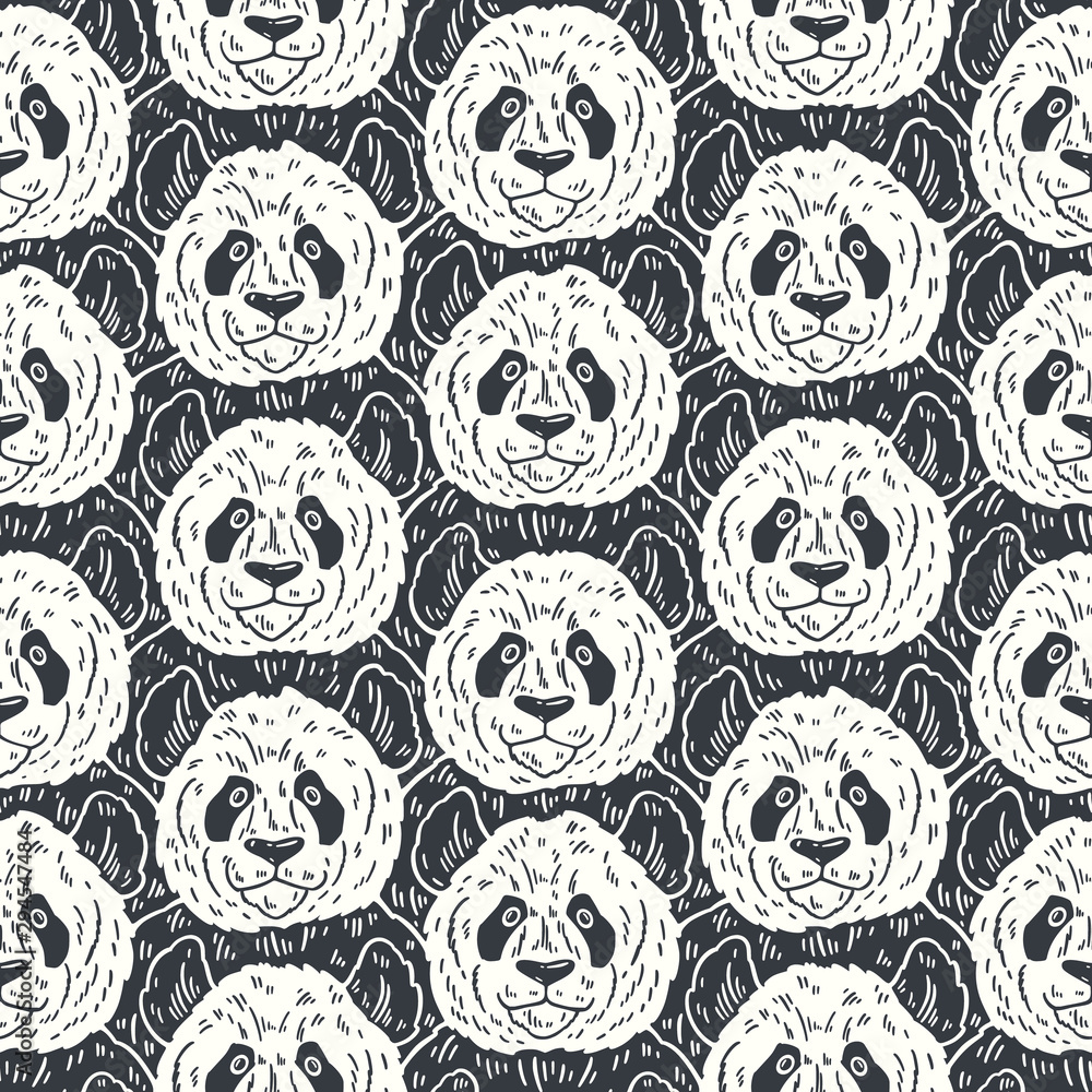 Cute funny cartoon panda seamless pattern. Vector illustration hand drawn in lines. Trendy doodle background Cute funny cartoon panda seamless pattern. Vector illustration hand drawn in lines. Trendy doodle background