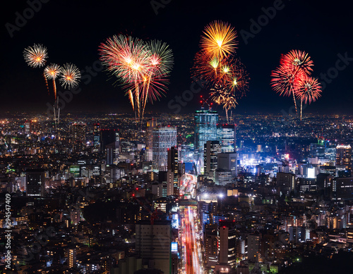 Fireworks over Tokyo cityscape at night, Japan © geargodz