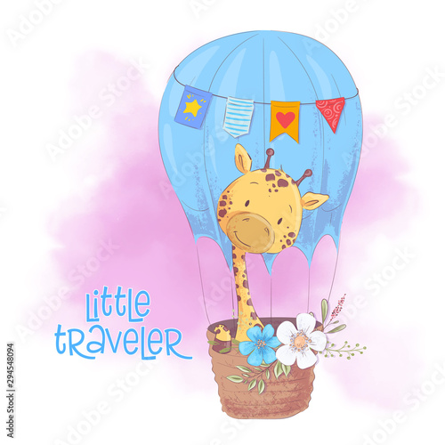 Cute cartoon giraffe in a balloon with flowers. Vector illustration
