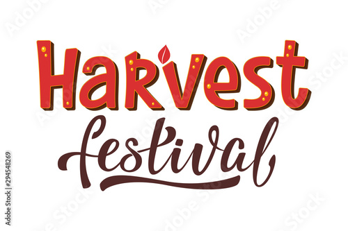 Hand lettering autumn lettering Harvest Festival. Harvest fest bright poster design. Handwritten fall vector illustration isolated on white background for cards, posters, banners, logo, tags.