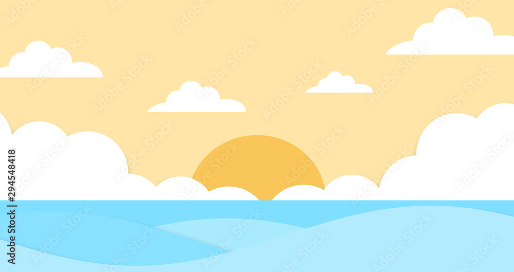 Abstract the sea at dawn clear blue sky with sun background. Soft gradient pastel cartoon graphics. Ideas for children designs or presentations. Flat design illustration of summer