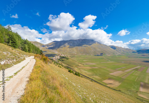 Castelluccio di Norcia, 2019 (Umbria, Italy) - The famous landscape highland of Sibillini Mountains, during the autumn, with the small stone village destroyed by a recent earthquake