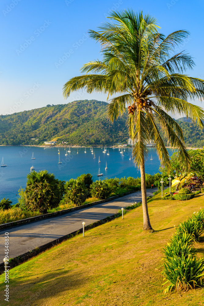 Phromthep cape viewpoint at sunset in Phuket, beautiful coast scenery on tropical island with paradise beaches, Thailand