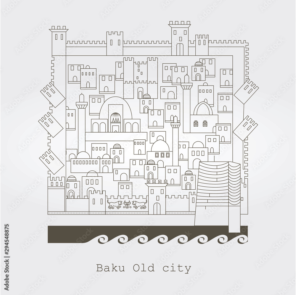 Azerbaijan Baku. Icheri Sheher, Old sity, Inner City. Palace of the Shirvanshahs. Vector illustration of old center. Historical buildings. 