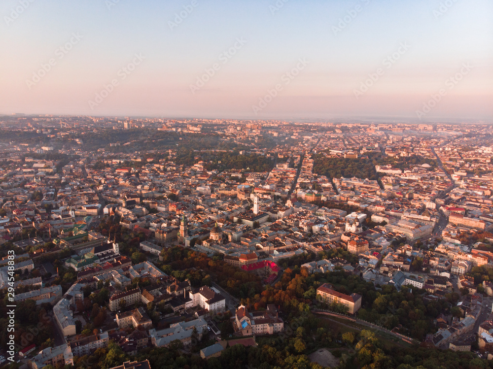 top view of lviv city on sunset
