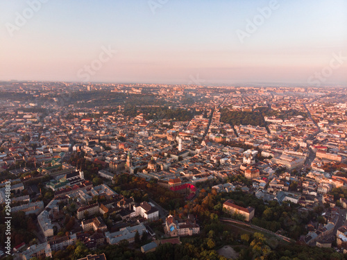 top view of lviv city on sunset
