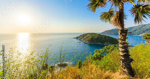 Phromthep cape viewpoint at sunset in Phuket  beautiful coast scenery on tropical island with paradise beaches  Thailand