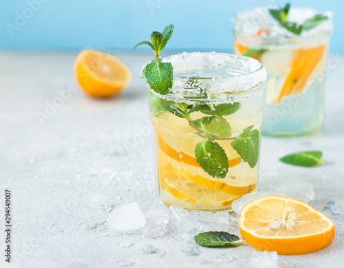 Infused water made from lemon in sparkling mineral water look so freshness and healthy.