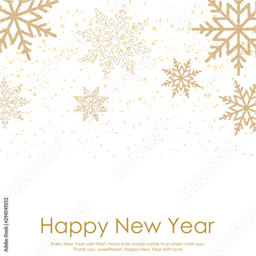 Happy New Year or Christmas card with falling gold snowflakes on white background. Vector