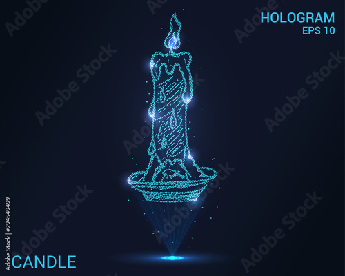 A hologram of a candle. Holographic projection candle lit. Flickering energy flux of particles.