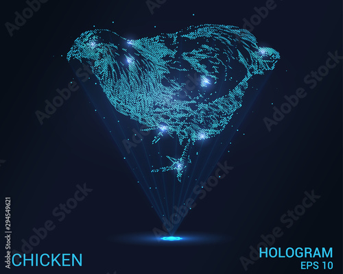 A hologram of a chicken. Holographic projection chicken. Flickering energy flux of particles. Scientific design of a bird.
