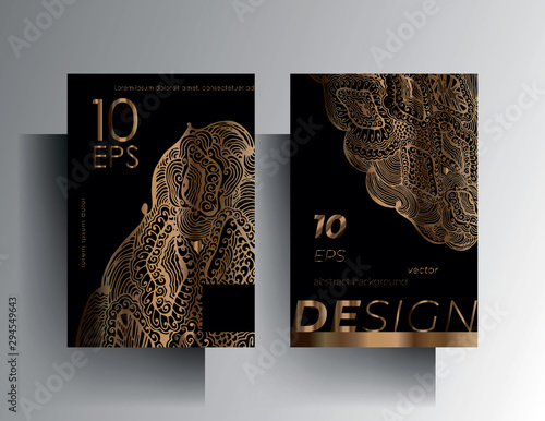 Set of design templates for cover, brochure, poster, card, background. Gold texture on a black background is manually drawn. Vector 10 EPS. A4 format.