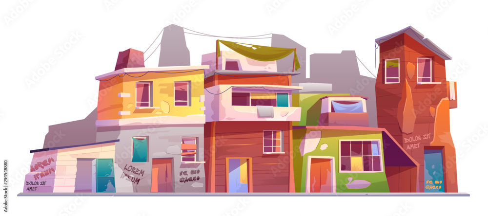 Vettoriale Stock Ghetto with ruined buildings, abandoned old houses with  broken windows and scribbled flaky walls. Dilapidated dirty street  dwellings isolated on white background cartoon vector illustration, clip art  | Adobe Stock