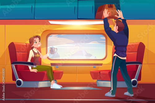 People in train, passengers travel by railway car, girl sitting on seat at large window with mountain landscape view man put bag in luggage storage. Commuter transport. Cartoon vector illustration