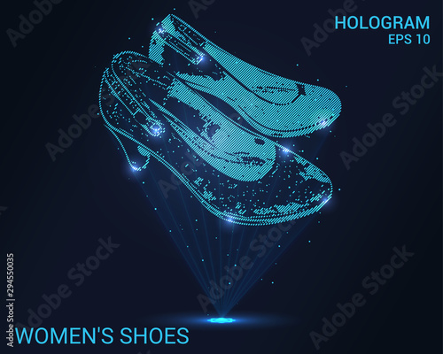 Hologram women's shoes. Holographic projection of women's shoes. Flickering energy flux of particles. Scientific fashion design.