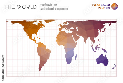 Low poly design of the world. Cylindrical equal-area projection of the world. Purple Orange colored polygons. Elegant vector illustration.