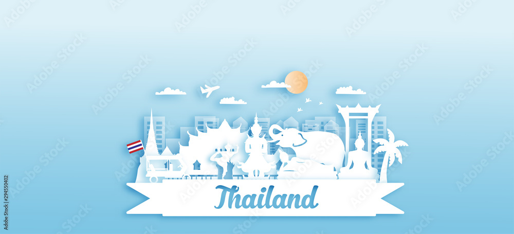 Thailand Travel postcard panorama, poster, tour advertising of world famous landmarks of Thailand in paper cut style.