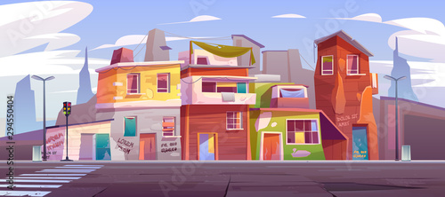 Ghetto street with ruined abandoned houses, old buildings with broken windows and scribbled walls. Dilapidated dwellings stand on roadside with crosswalk and traffic lights cartoon vector illustration