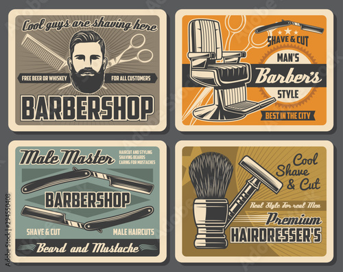 Barbershop chair, barber razors, scissors and comb