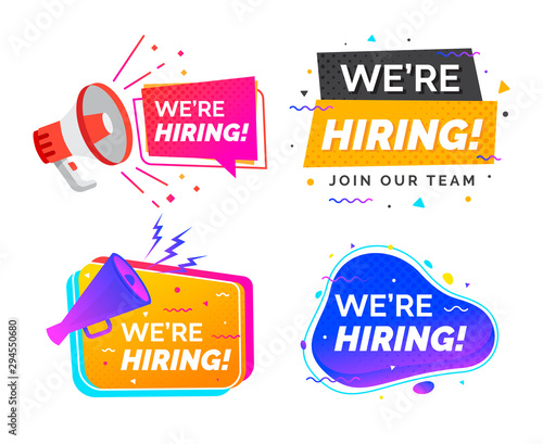 Vacancy job offer isolated vector signs set. We're Hiring, Announcement banner or poster design with speaker and vacant badge