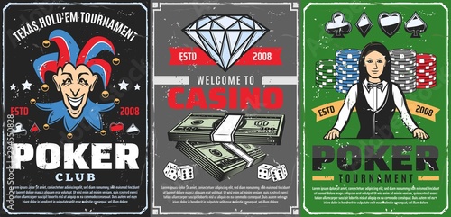Casino dice, chips, poker cards, croupier, joker
